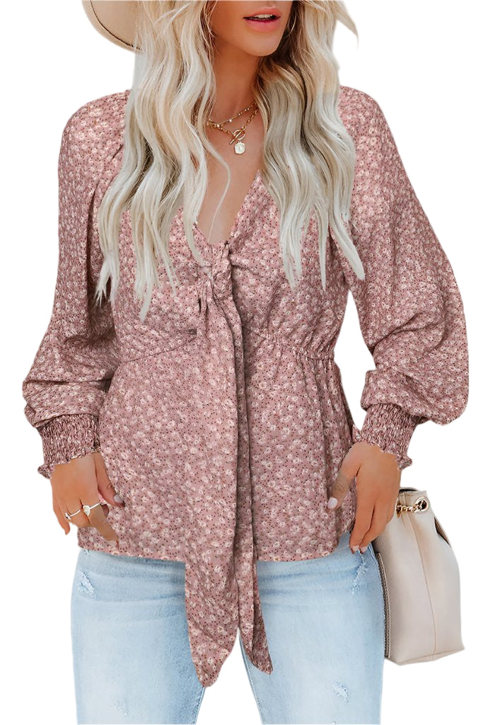 Pink Boho Floral Print Front Tie Ruffled Long Sleeve Blouse