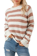 Load image into Gallery viewer, Brown  Striped Round Neck Casual Sweater
