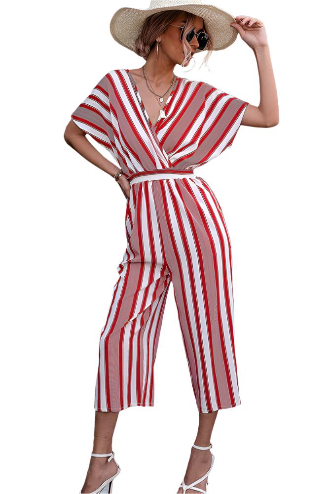 Red V Neck Striped Loose Jumpsuit